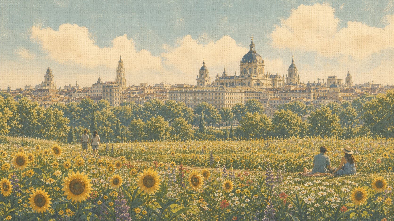 Champ de tournesols et fleurs sauvages devant un horizon européen, illustration aquarelle éditoriale.